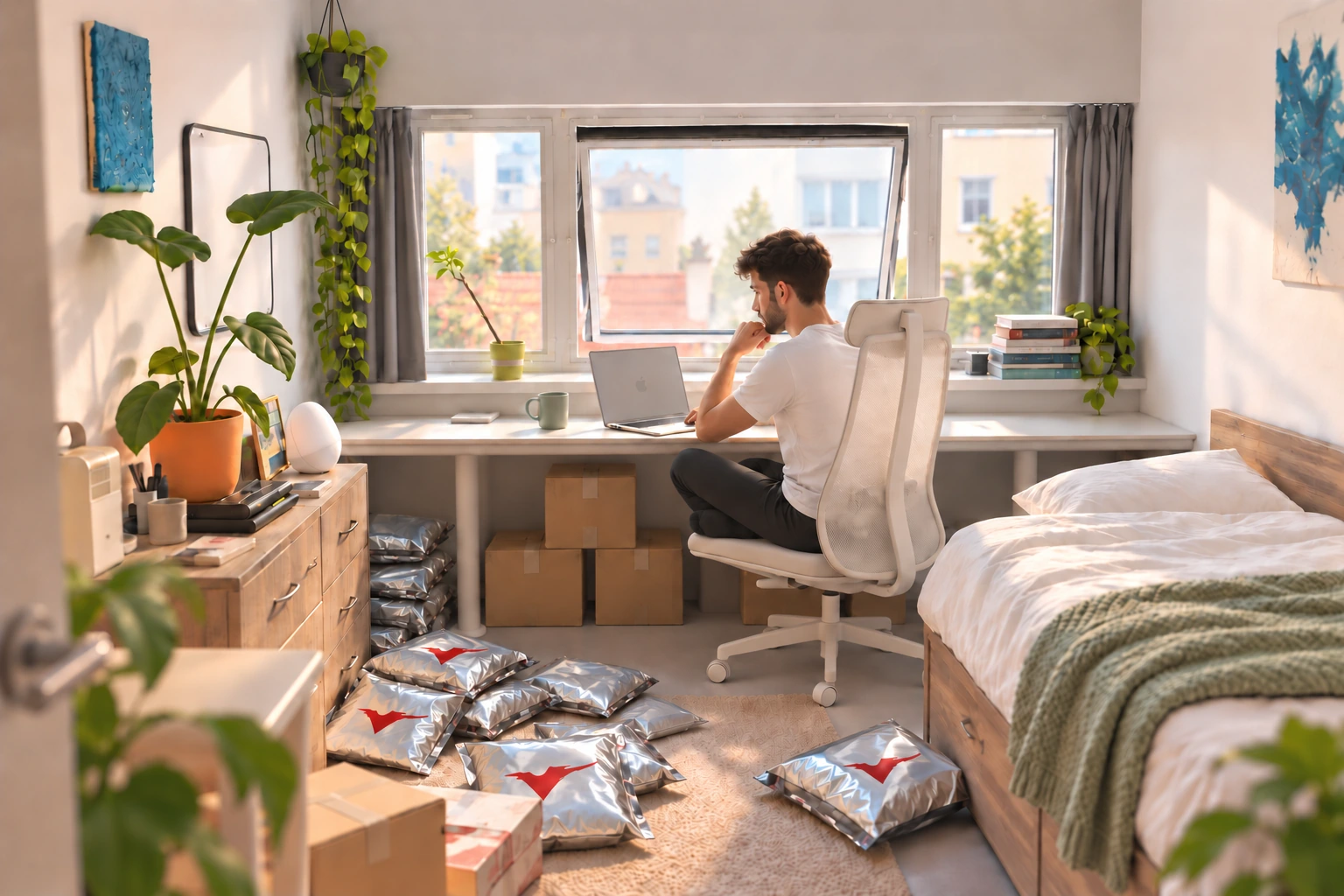 Illustration de Salih travaillant dans sa chambre, avec son bureau sous la fenêtre et les colis Vohn Kurt près du lit.